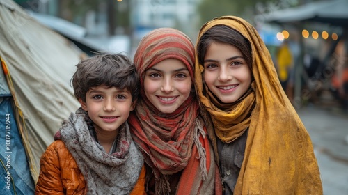 Refugee family shelters in a tattered tent on the street, the mother watching over her children. Their faces reflect resilience amid poverty and homelessness