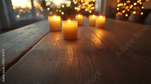 Wallpaper Mural Wooden table close-up, blurred view of softly glowing holiday candles and twinkling fairy lights in the background, casting a gentle, festive glow. --ar 16:9 Torontodigital.ca