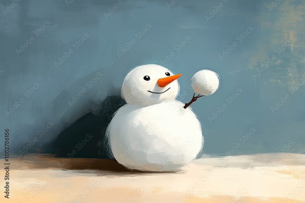 A cheerful snowman with a carrot nose holds a snowball in his twig arm, a playful winter scene. A cheerful snowman with a carrot nose holds a snowball in his twig arm, a playful winter scene.