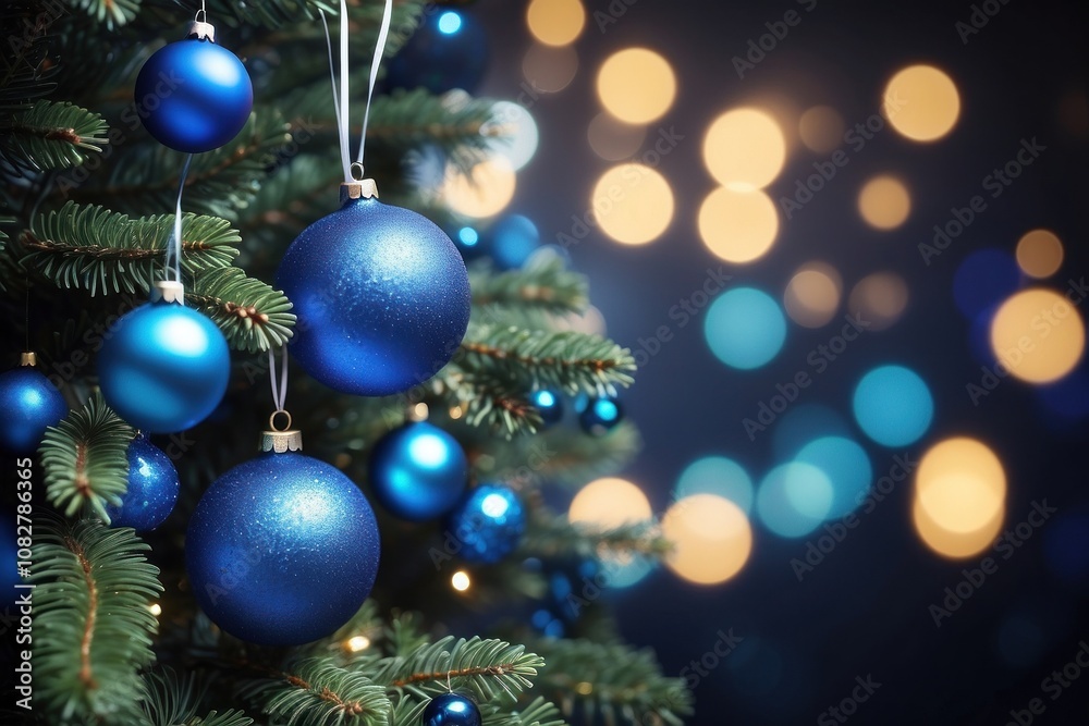 Close-up of Christmas tree with red balls and bokeh in the background. Background with copy space for holiday design. Close-up of Christmas tree with red balls and bokeh in the background. Background with copy space for holiday design.