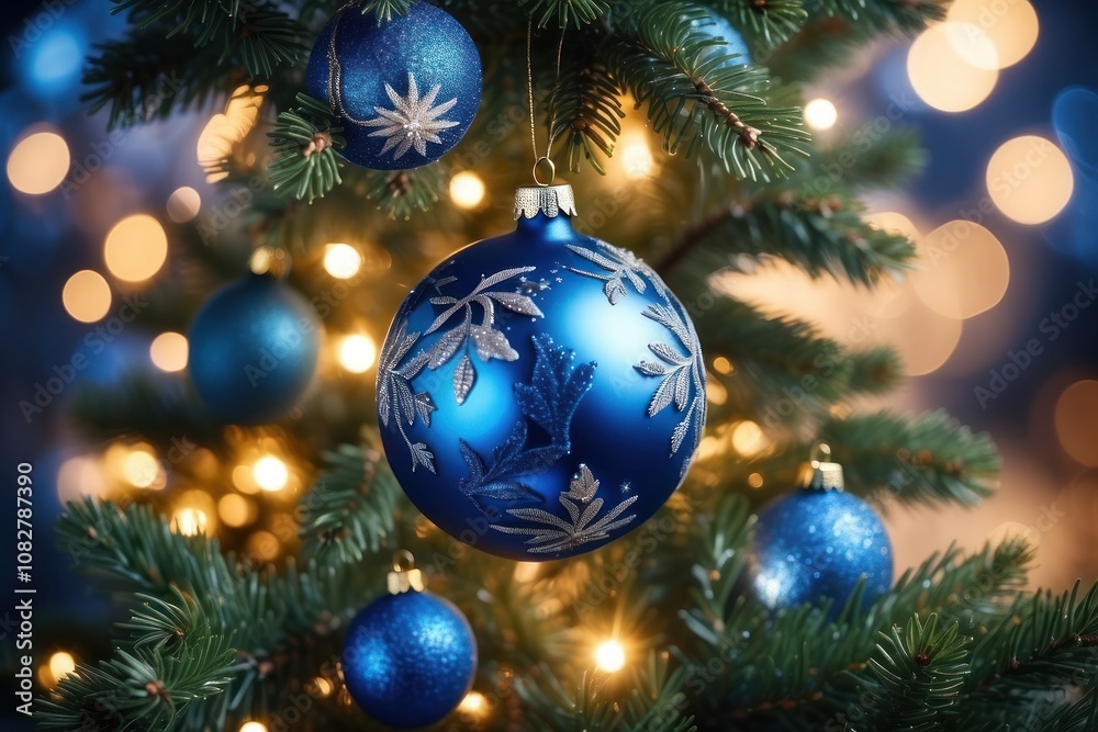 Close-up of Christmas tree with red balls and bokeh in the background. Background with copy space for holiday design. Close-up of Christmas tree with red balls and bokeh in the background. Background with copy space for holiday design.