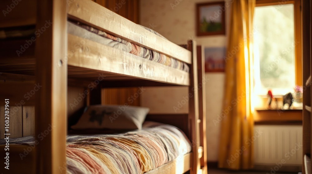 A wooden bunk bed in a cozy room, vivid tones highlighting the natural wood texture and inviting atmosphere, captured in professional detail. A wooden bunk bed in a cozy room, vivid tones highlighting the natural wood texture and inviting atmosphere, captured in professional detail.