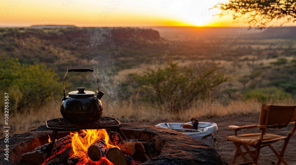 Kettle on a wood fire with scenic, vibrant landscape in the background. Warm tones and serene outdoor setting, captured in professional detail. Kettle on a wood fire with scenic, vibrant landscape in the background. Warm tones and serene outdoor setting, captured in professional detail.