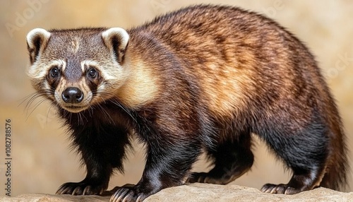 A close-up of a brown and white coat  mammal  with black eyes and a black nose standing on a rock with a blurred brown background. photo