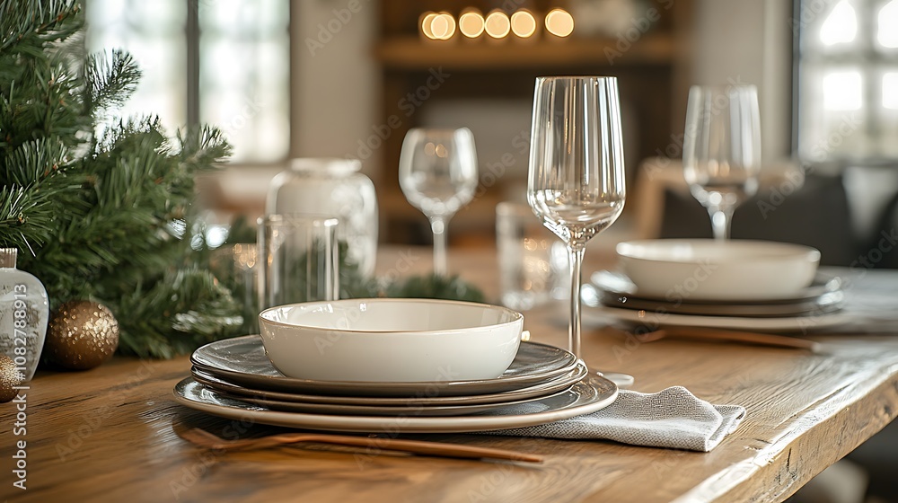 Wooden table in focus, with a softly blurred background of holiday plates, glasses, and festive napkins, creating a cozy and inviting Christmas dinner scene. --ar 16:9 Wooden table in focus, with a softly blurred background of holiday plates, glasses, and festive napkins, creating a cozy and inviting Christmas dinner scene. --ar 16:9