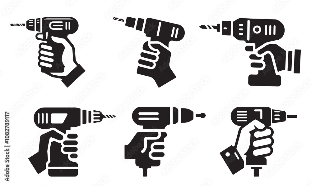  Hand with Drill Icons Set