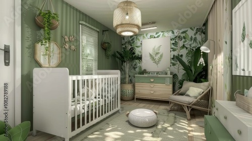 Stylish green-themed nursery with modern furniture