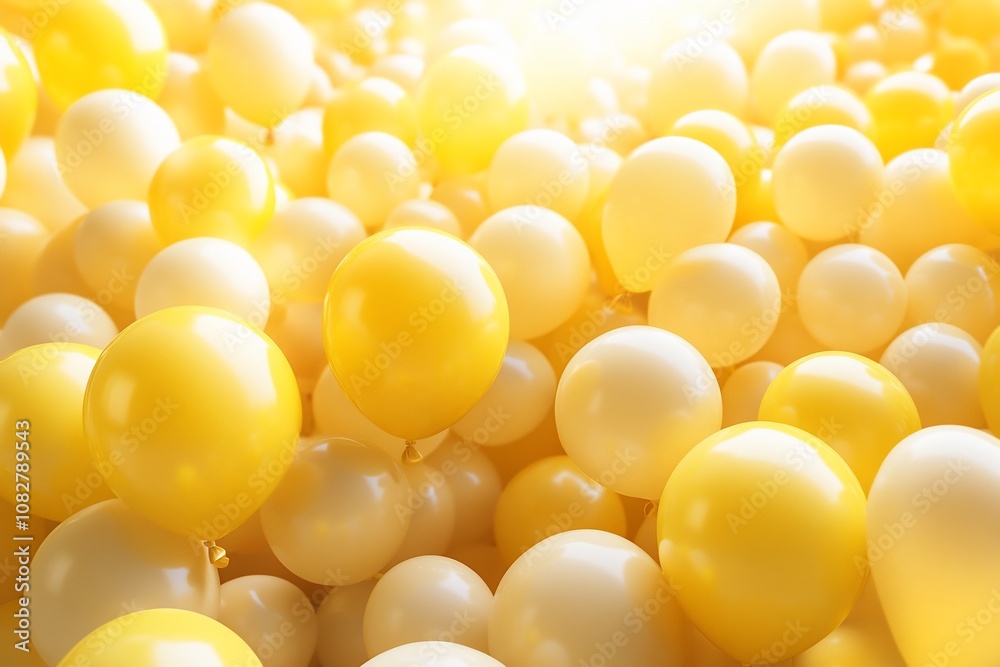 A vibrant collection of yellow and white balloons filling the space. A vibrant collection of yellow and white balloons filling the space.