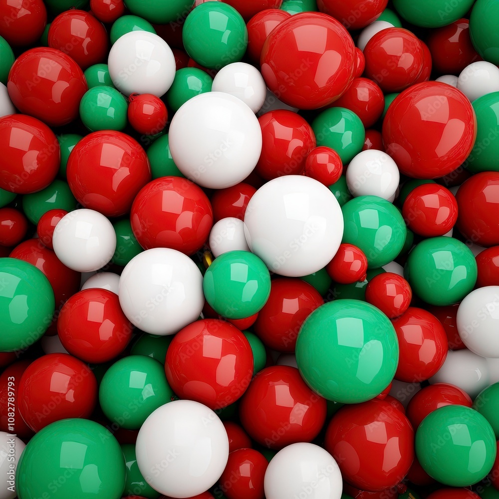 A close-up of red, green, and white glossy spheres. A close-up of red, green, and white glossy spheres.