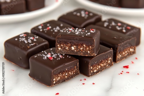 A close-up of delicious dark chocolate squares with a crunchy filling and a sprinkle of sea salt and red pepper flakes on a marble surface.