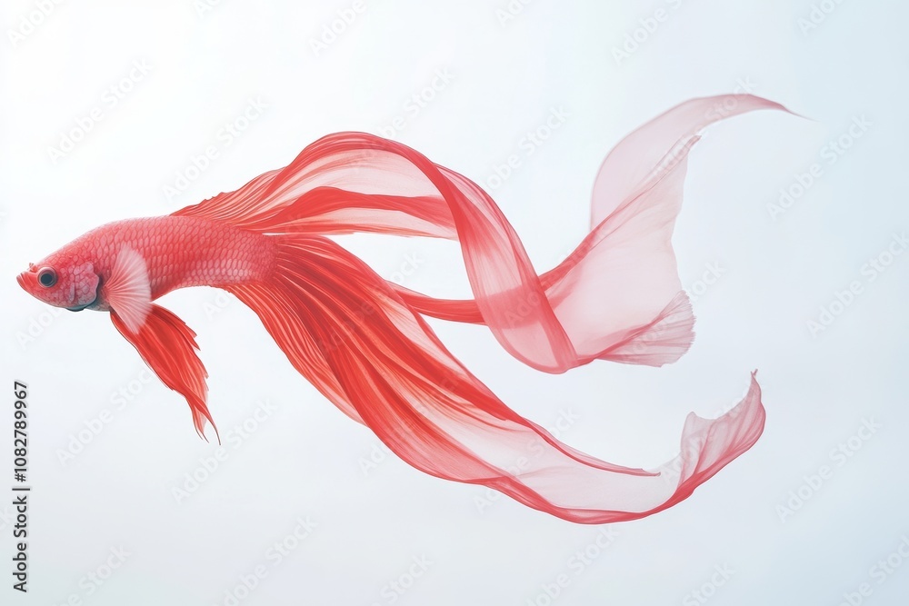 A vibrant betta fish with flowing red fins swimming gracefully on a soft white background in a minimalist studio setting A vibrant betta fish with flowing red fins swimming gracefully on a soft white background in a minimalist studio setting