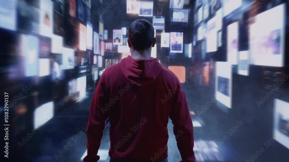Man In Red Hoodie Exploring Virtual Digital Space Future Technology Interface Metaverse