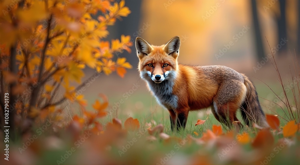 Fototapeta premium Vibrant Fox in Autumn Landscape: A Beautiful Encounter