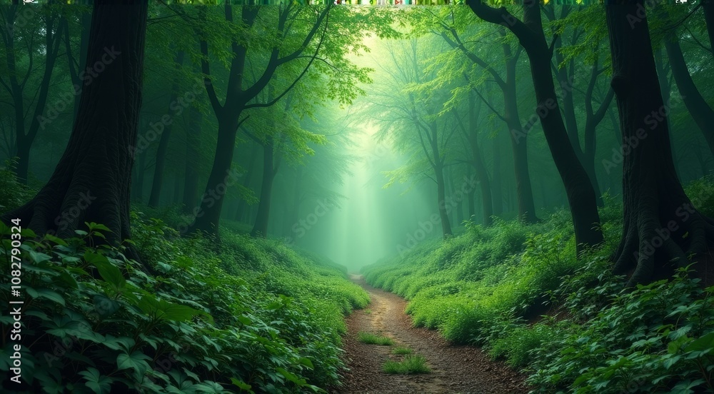 Enchanting Pathway Through Lush Green Forest with Sunlight Enchanting Pathway Through Lush Green Forest with Sunlight