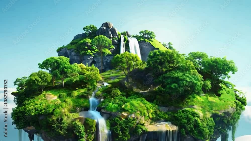 Aerial view of a floating island with vibrant greenery and waterfalls, against a clear sky. Perfect for visual stories and fantasy elements. Generative AI Aerial view of a floating island with vibrant greenery and waterfalls, against a clear sky. Perfect for visual stories and fantasy elements. Generative AI