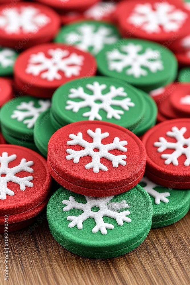 A close-up view of a pile of red and green round ornaments with white snowflake designs on top of a wooden surface. A close-up view of a pile of red and green round ornaments with white snowflake designs on top of a wooden surface.
