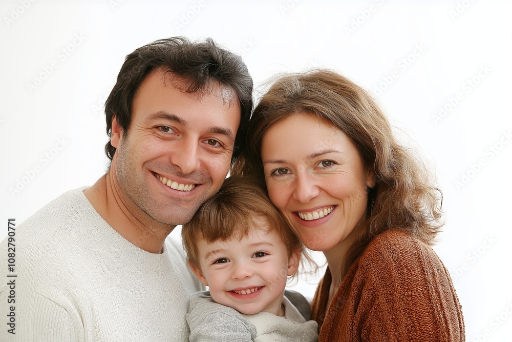 A cheerful family portrait with parents and young child smiling against a minimalistic white background A cheerful family portrait with parents and young child smiling against a minimalistic white background
