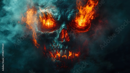 Monstrous Face with Burning Red Eyes and Sharp Teeth Surrounded by Dark Smoke, Exuding a Sinister Aura of Fear and Intensity, Perfect for Horror Themes and Artwork