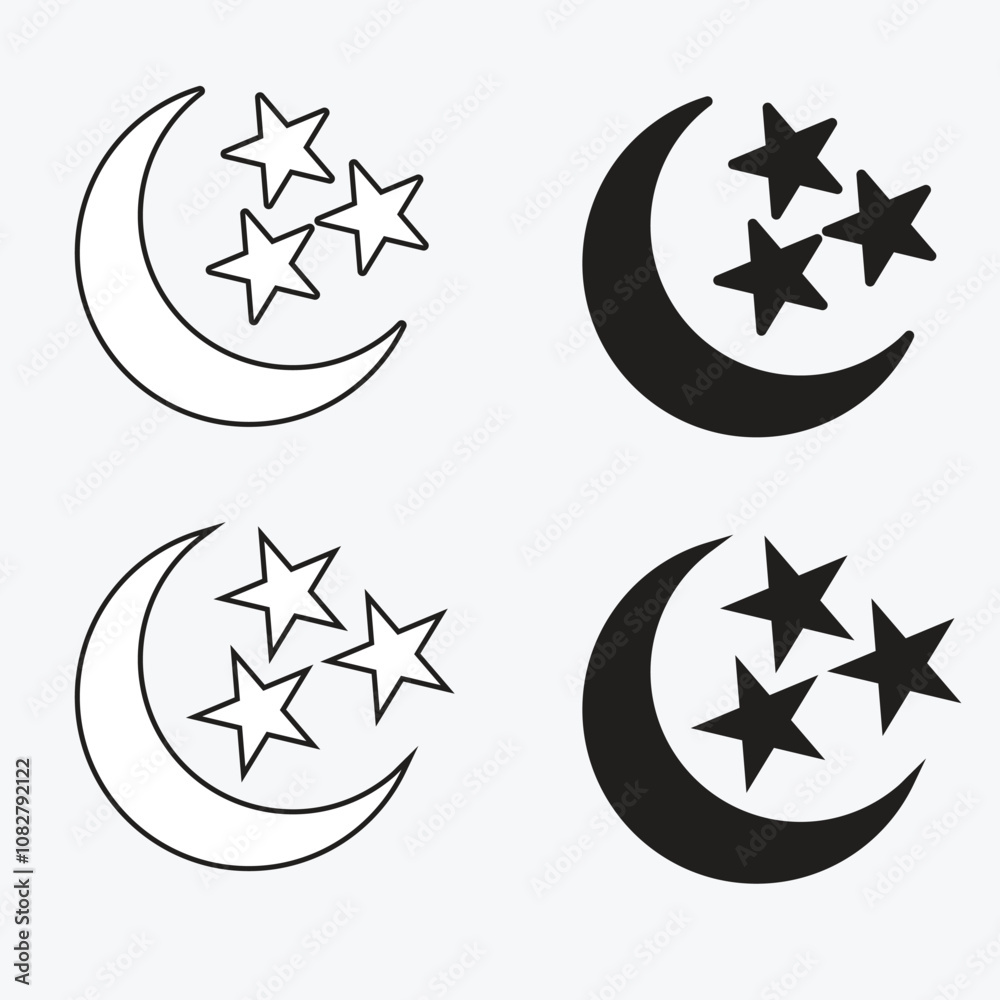Crescent moon with stars icon on white background. Night icon. Crescent moon icon. Minimalist style. Crescent moon with stars icon on white background. Night icon. Crescent moon icon. Minimalist style.
