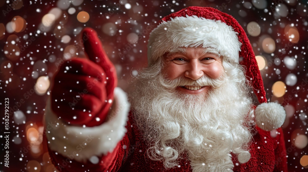 Santa claus giving a thumbs up with a backdrop of falling snow and bokeh effect, spreading cheer and holiday spirit Santa claus giving a thumbs up with a backdrop of falling snow and bokeh effect, spreading cheer and holiday spirit