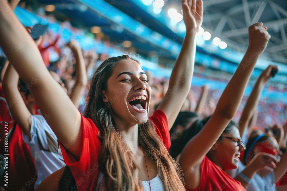 Enthusiastic sports fans fill stadium with cheers and excitement Enthusiastic sports fans fill stadium with cheers and excitement