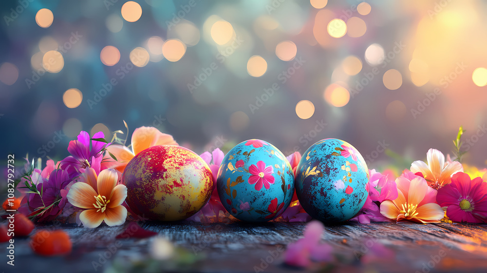 Easter eggs ornamented and decorated with flowers on wooden table and bokeh lights created with generative ai technology. Ornamented. Illustration Easter eggs ornamented and decorated with flowers on wooden table and bokeh lights created with generative ai technology. Ornamented. Illustration