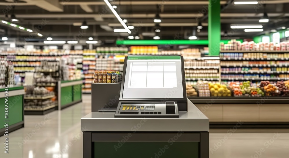 Fototapeta premium A digital white screen kiosk at the cash register in an empty grocery store 