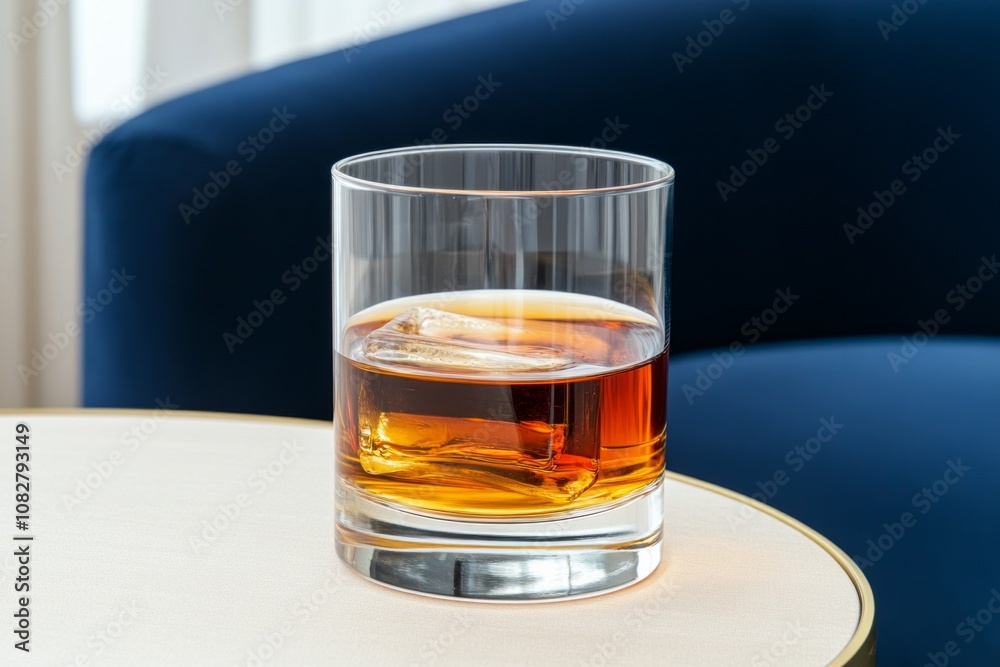 A stylish whiskey glass with dark liquid on a navy blue and beige table in warm, moody lighting A stylish whiskey glass with dark liquid on a navy blue and beige table in warm, moody lighting