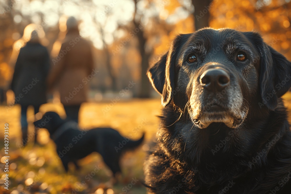 Elderly black labrador retriever enjoying a sunset in the park with other dogs and their owners Elderly black labrador retriever enjoying a sunset in the park with other dogs and their owners