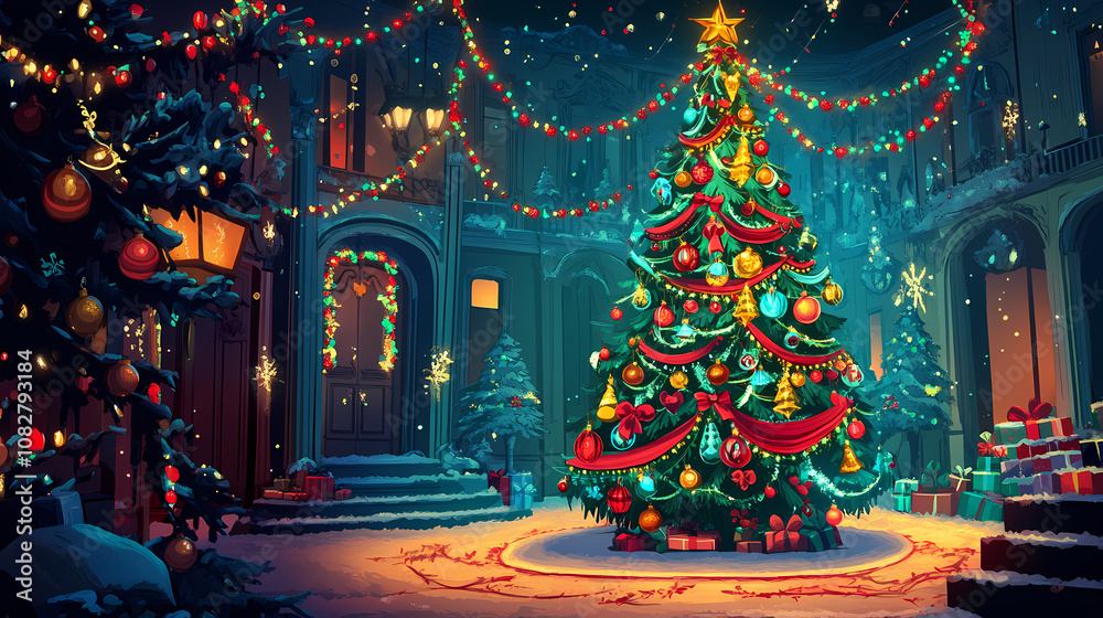 Festive christmas scene with ornamented tree, merry christmas greeting card. Ornamented. Illustration Festive christmas scene with ornamented tree, merry christmas greeting card. Ornamented. Illustration