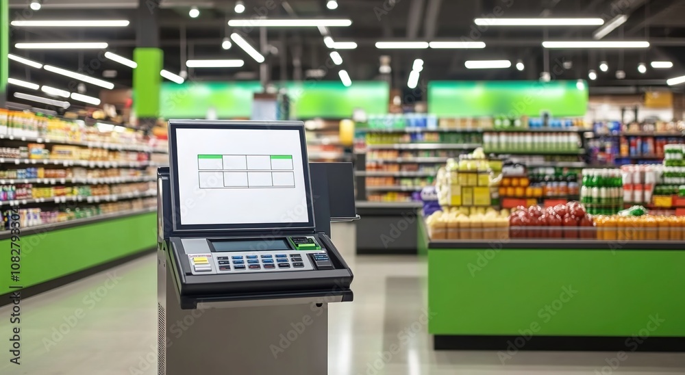 Naklejka premium A digital white screen kiosk at the cash register in an empty grocery store 