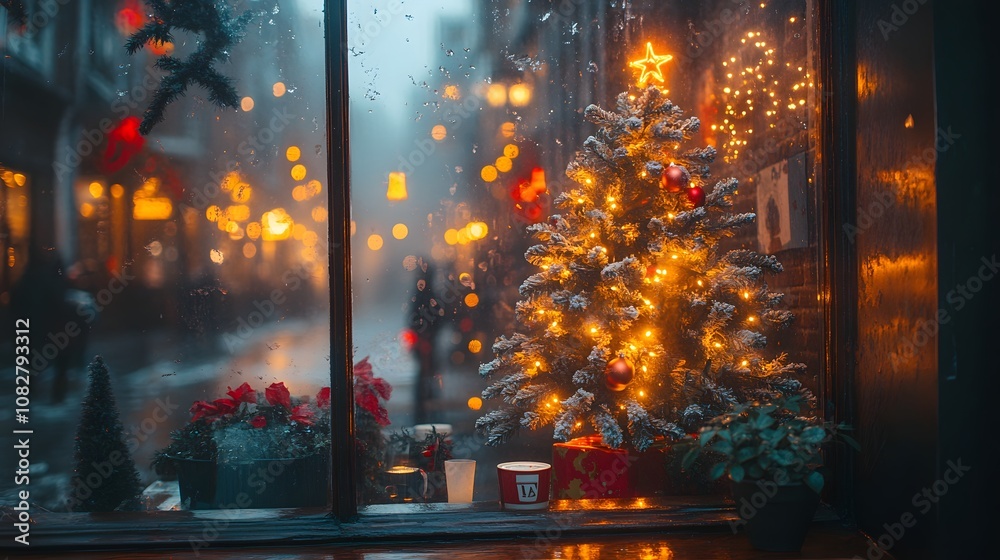 Obraz premium Cozy and Festive Scene of a Small Christmas Tree Adorned with Lights and Ornaments in a Rainy Coffee Shop Window View