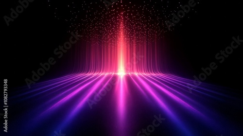 Straight lines made of light rise up in a fan shape, wallpaper style image, many particles, symmetrical composition, minimalism, AI Generative