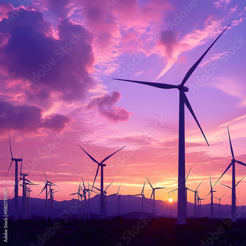 Eco-Friendly Power Generation: Silhouettes of Wind Turbines Backlit by Stunning Sunset