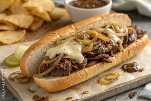 Fototapeta Naklejka Na Ścianę i Meble -  Delicious Philly Cheesesteak Sub with Melted Cheese, Onions, and Fries