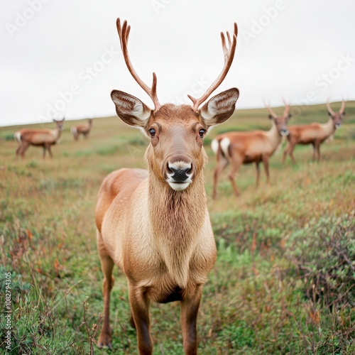 A curious deer with antlers stands in a grassy field, looking directly at the camera, with other deer in the background.