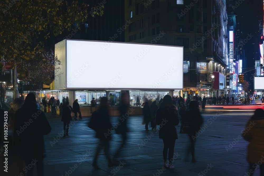 Busy city street at night featuring a blank advertising billboard surrounded by neon lights and people in motion
