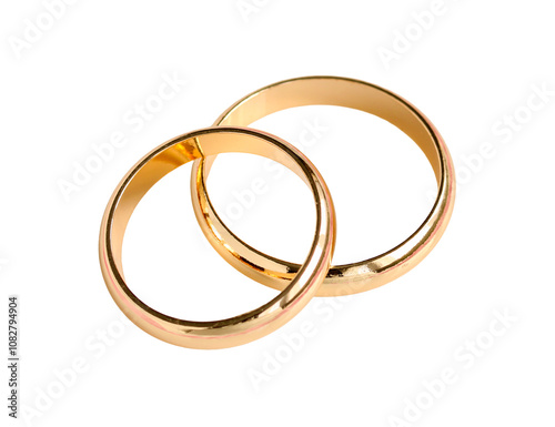 Elegant pair of gold wedding rings symbolizing love and commitment displayed on white background