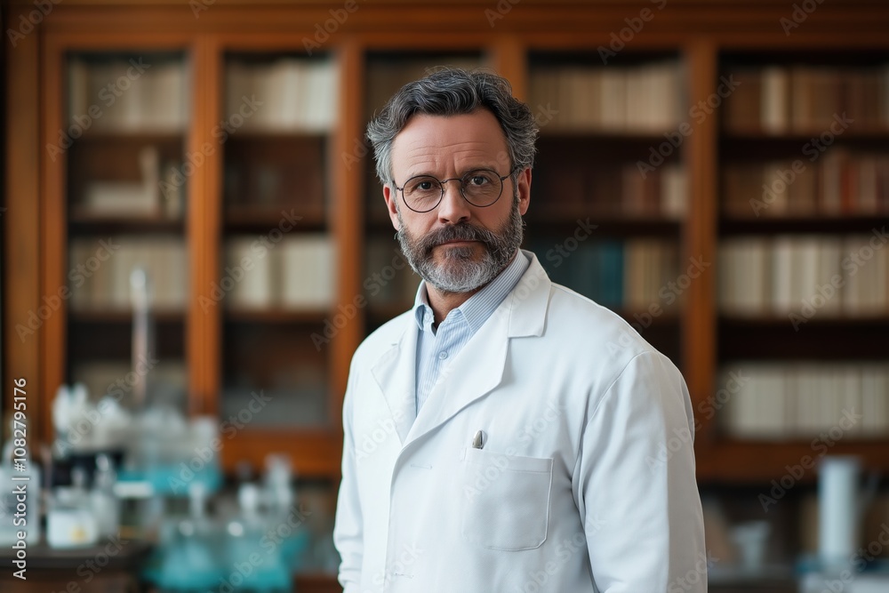 A man in a white lab coat stands in front of a bookcase. He is wearing glasses and has a beard