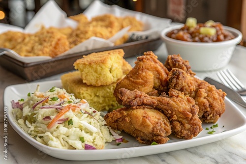 Fototapeta Naklejka Na Ścianę i Meble -  Crispy Fried Chicken Platter Cornbread, Coleslaw, and Sauce