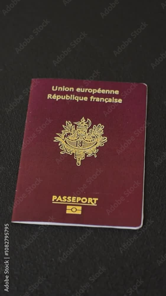 Passport of the Republic of France on a dark concrete background. Conceptual background on the theme of tourism and travel Passport of the Republic of France on a dark concrete background. Conceptual background on the theme of tourism and travel