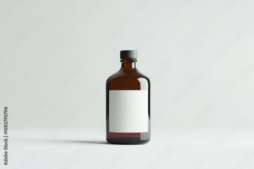 Empty glass bottle with blank label on a white background emphasizing minimalist design and studio lighting in a simple composition Empty glass bottle with blank label on a white background emphasizing minimalist design and studio lighting in a simple composition