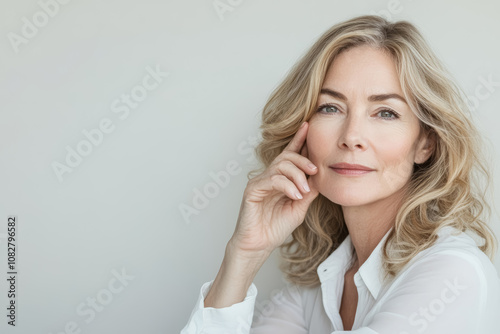 Closeup portrait of a beautiful elegant middle-aged mature woman looking at camera. Healthy face skin care beauty, middle age skincare cosmetics, cosmetology concept, anti-ageing care product. 