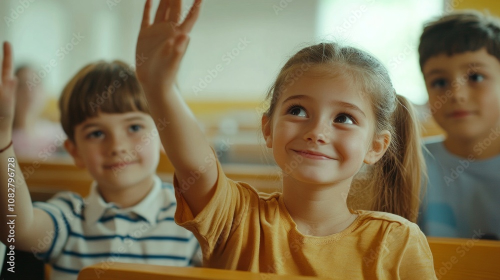 Photos of attractive schoolchildren 8-9 years old. Excellent schoolchildren sit in class and smile and look at the camera. a girl and a boy raise thei, AI Generative Photos of attractive schoolchildren 8-9 years old. Excellent schoolchildren sit in class and smile and look at the camera. a girl and a boy raise thei, AI Generative