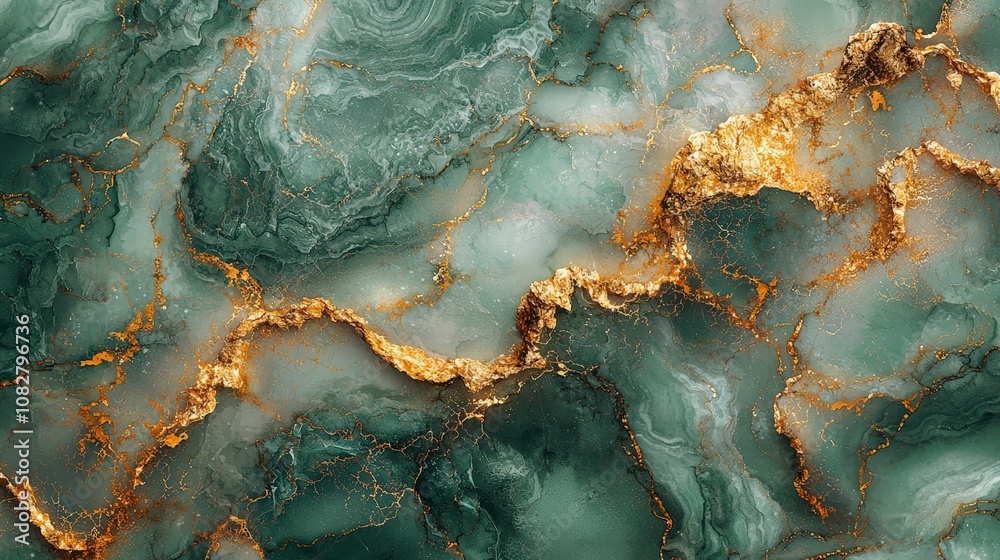 A vibrant abstract design featuring green and gold marbling patterns. A vibrant abstract design featuring green and gold marbling patterns.