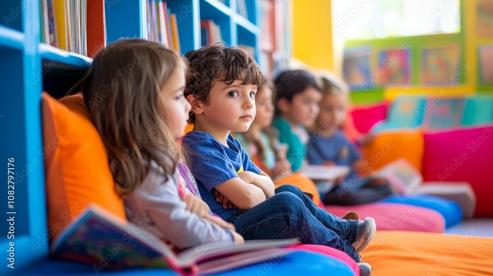 Children engaged in storytelling at a vibrant library reading nook during National Book Month event Children engaged in storytelling at a vibrant library reading nook during National Book Month event