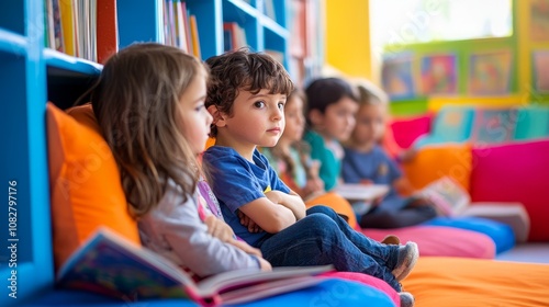 Children engaged in storytelling at a vibrant library reading nook during National Book Month event