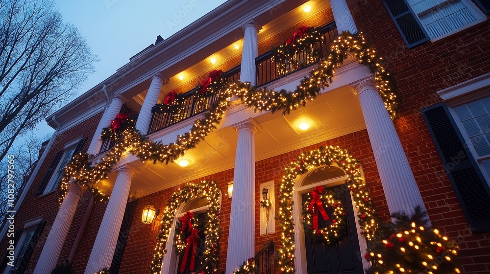 Obraz premium Beautifully decorated house with festive lights and wreaths during winter season