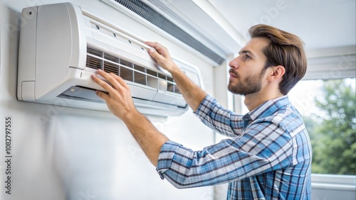 Portrait Of A Young Man Adjusting Air Conditioning System