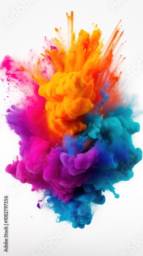 Vibrant Colorful Powder Explosion on White Background. Abstract Burst of Multicolored Dust Particles